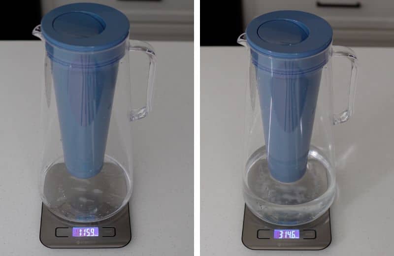 LifeStraw Home Pitcher Weight Two side‑by‑side photos show a transparent pitcher with a blue lid on a digital kitchen scale: empty and filled with water demonstrating capacity and weight differences in the LifeStraw Home Essential 10‑Cup Pitcher Review.